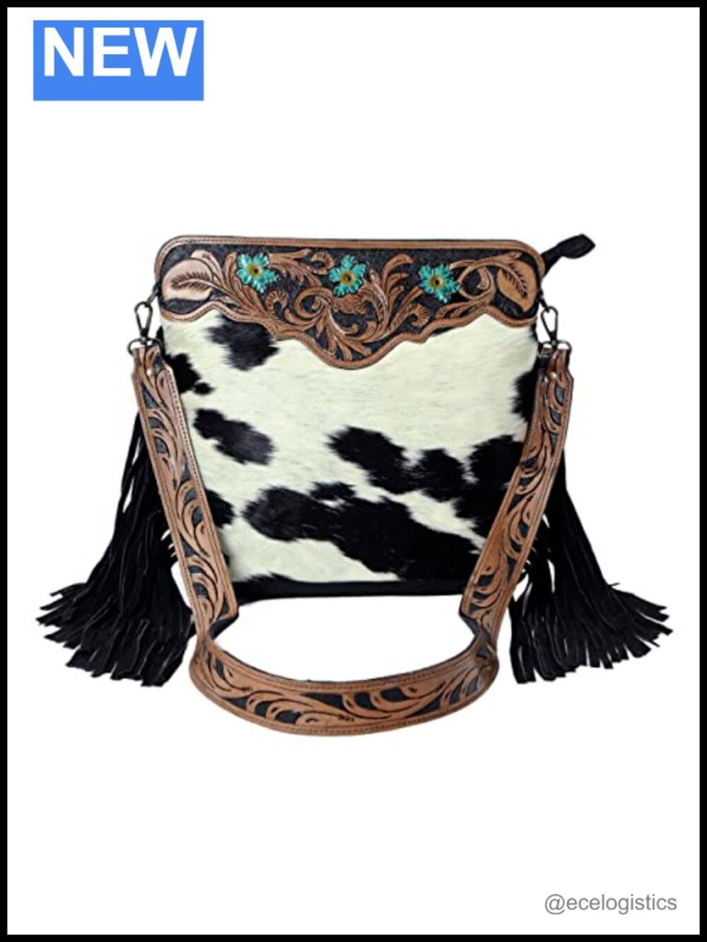 Genuine Leather Floral Crossbody Bag, Tooled Harness Shoulder Bag